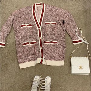 Maje Pink Tweed Cardigan with Red and Cream Trim